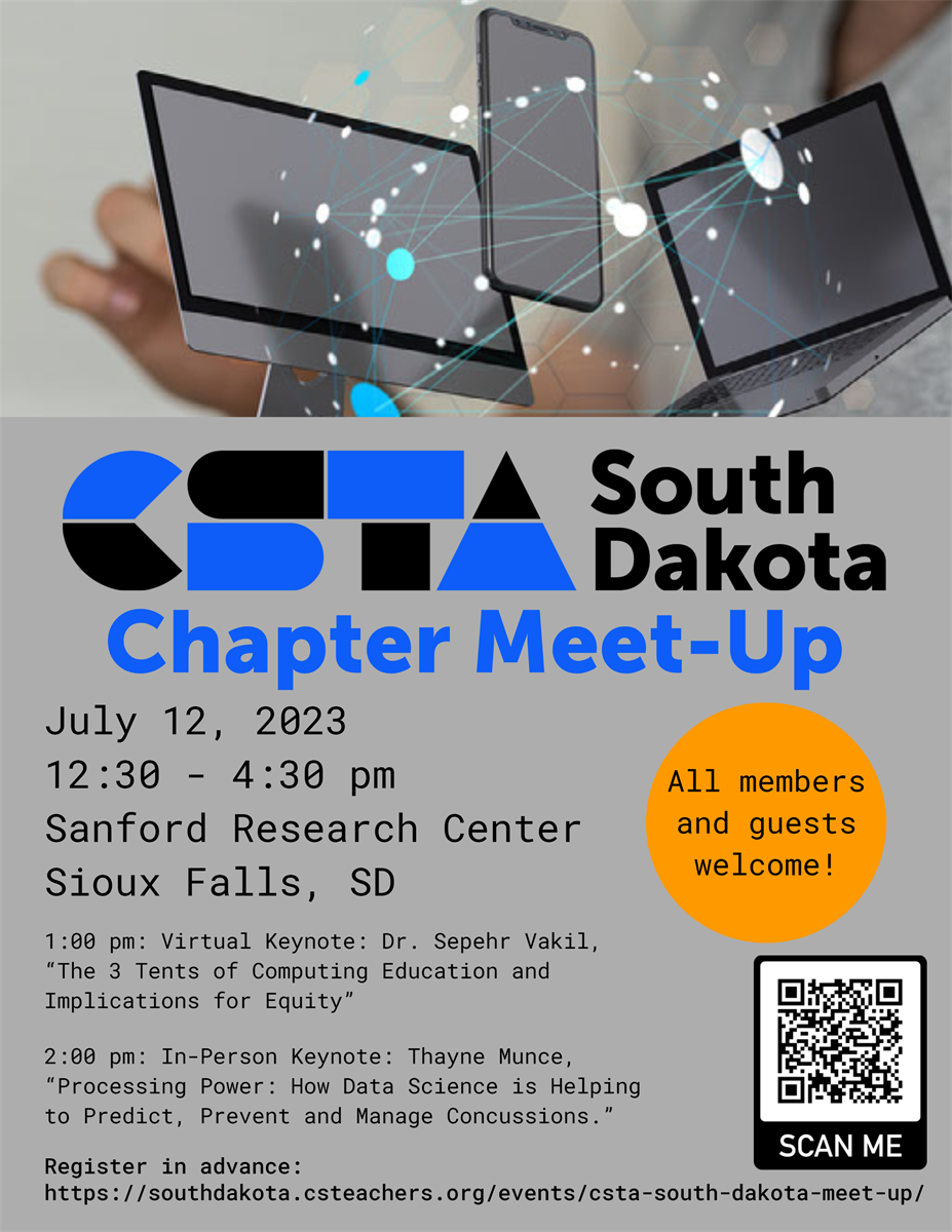 a desktop computer, mobile phone, and laptop appear at the top, with text on the bottom about the event. 